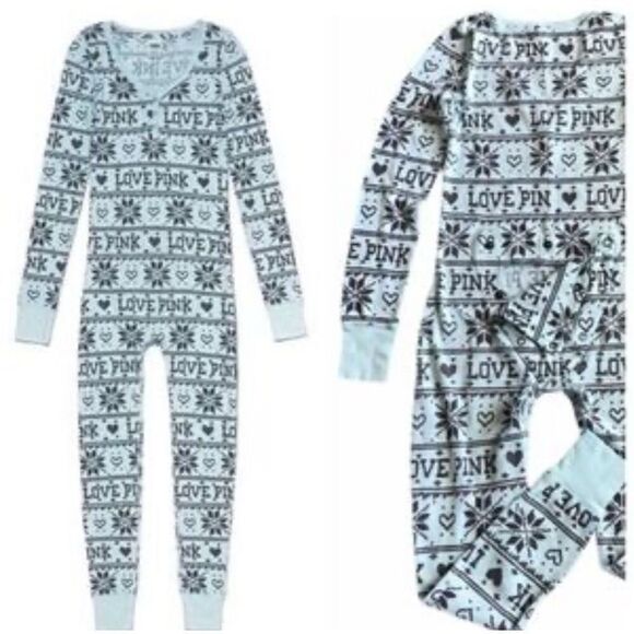 Victoria Secret PINK Logo Hearts Snowflake blue One piece Size medium butt flap - Picture 1 of 7